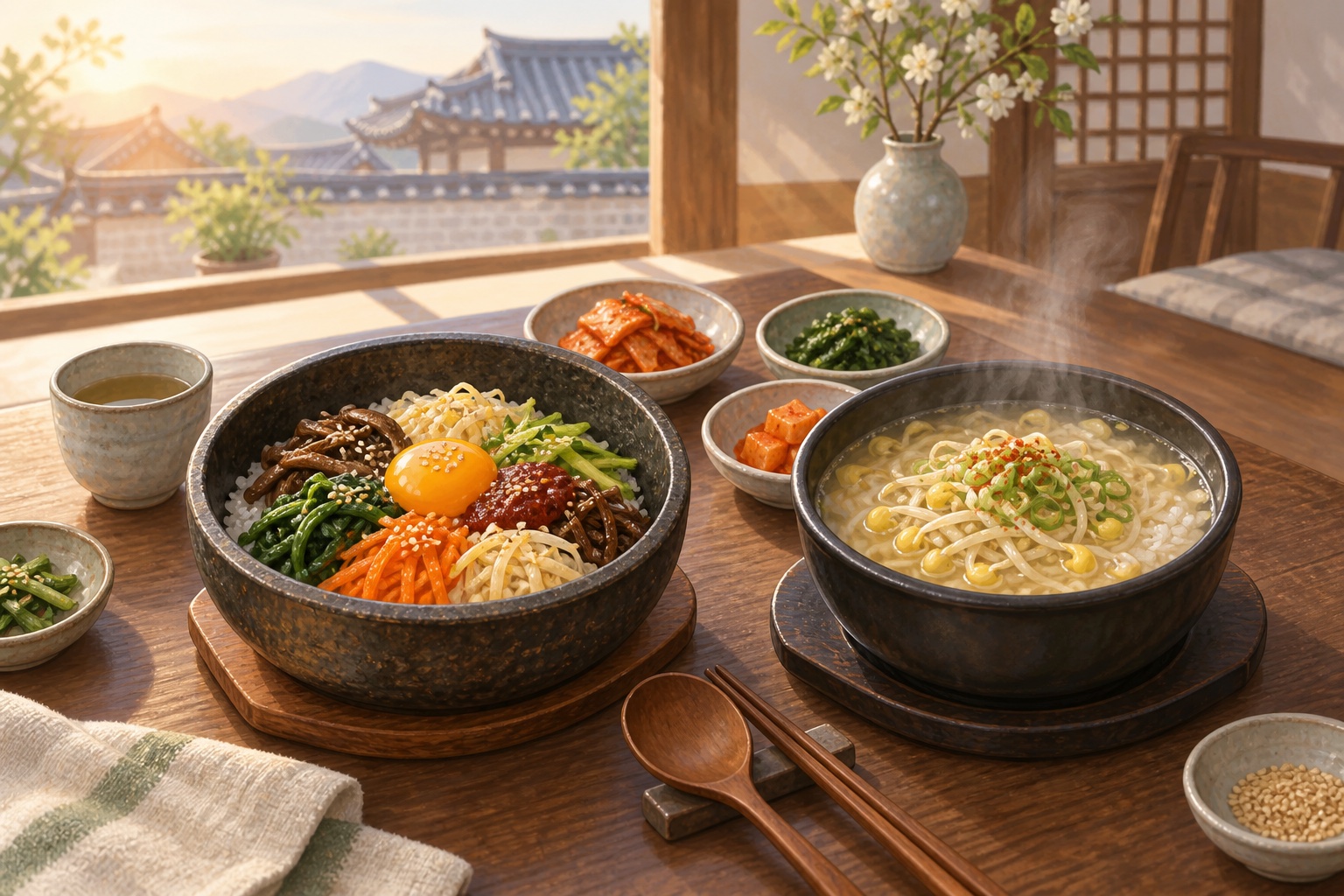 Jeonju bibimbap and kongnamul-gukbap solo dining comparison story lead editorial concept image